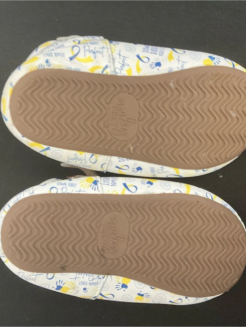 Monkey Feet White Mary Jane Shoes with Yellow & Blue Down syndrome print